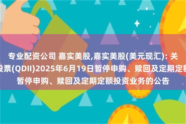 专业配资公司 嘉实美股,嘉实美股(美元现汇): 关于嘉实美国成长股票(QDII)2025年6月19日暂停申购、赎回及定期定额投资业务的公告